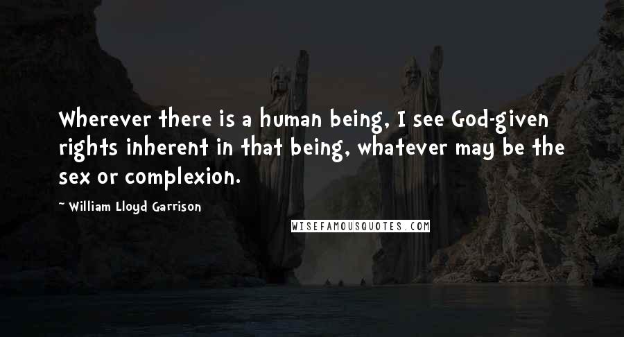 William Lloyd Garrison Quotes: Wherever there is a human being, I see God-given rights inherent in that being, whatever may be the sex or complexion.