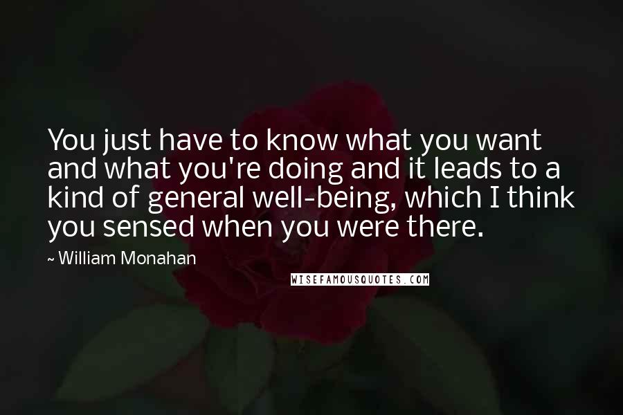 William Monahan Quotes: You just have to know what you want and what you're doing and it leads to a kind of general well-being, which I think you sensed when you were there.