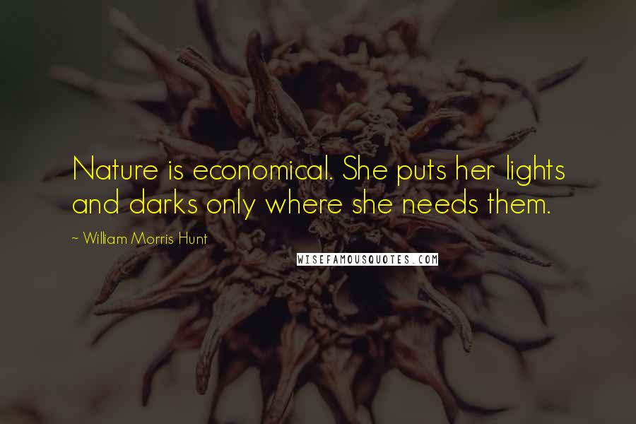 William Morris Hunt Quotes: Nature is economical. She puts her lights and darks only where she needs them.