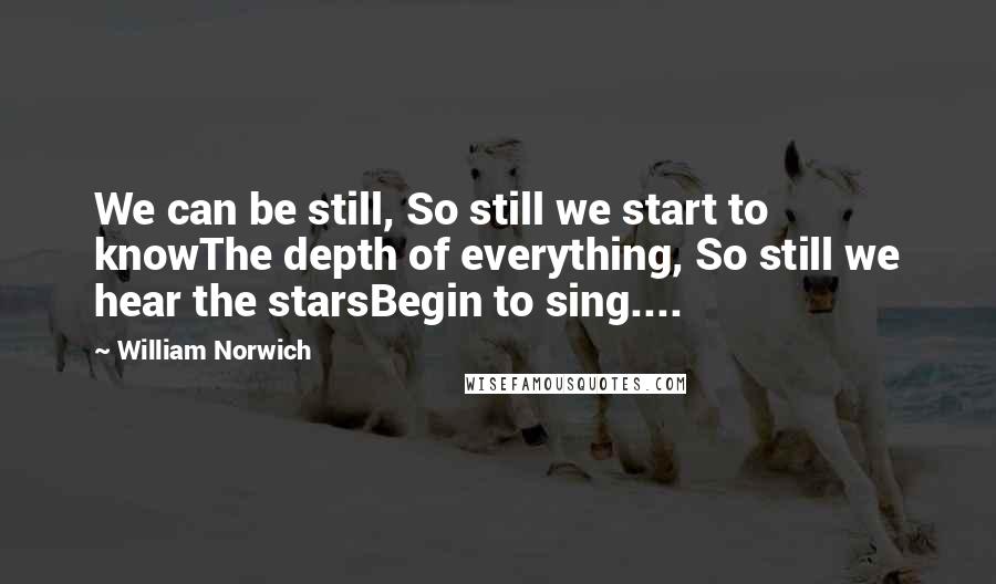 William Norwich Quotes: We can be still, So still we start to knowThe depth of everything, So still we hear the starsBegin to sing....