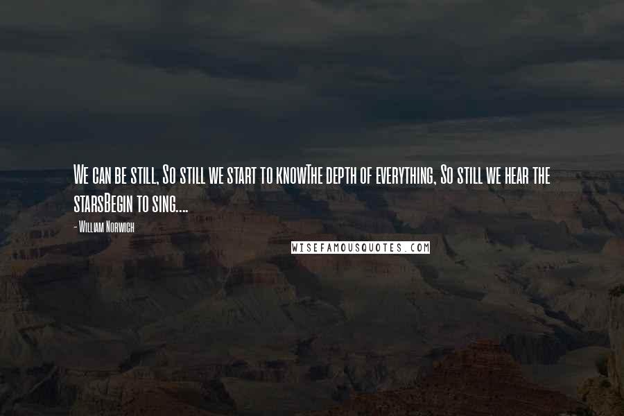 William Norwich Quotes: We can be still, So still we start to knowThe depth of everything, So still we hear the starsBegin to sing....