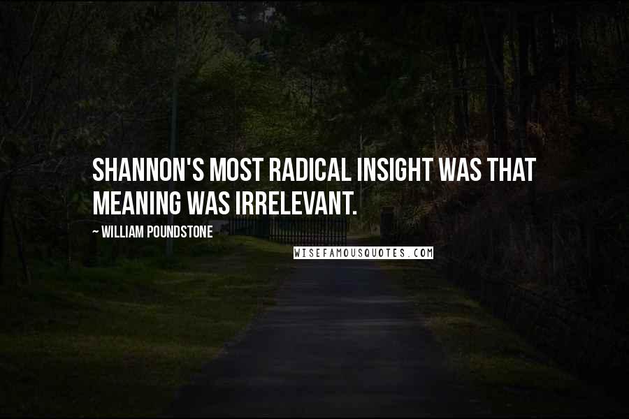 William Poundstone Quotes: Shannon's most radical insight was that meaning was irrelevant.