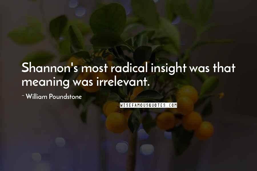 William Poundstone Quotes: Shannon's most radical insight was that meaning was irrelevant.