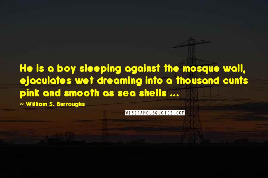 William S. Burroughs Quotes: He is a boy sleeping against the mosque wall, ejaculates wet dreaming into a thousand cunts pink and smooth as sea shells ...