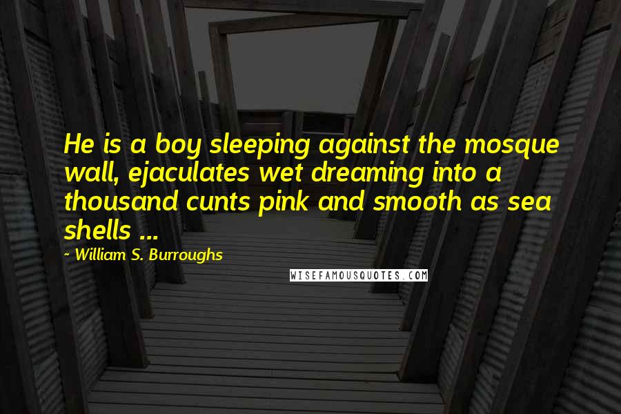 William S. Burroughs Quotes: He is a boy sleeping against the mosque wall, ejaculates wet dreaming into a thousand cunts pink and smooth as sea shells ...