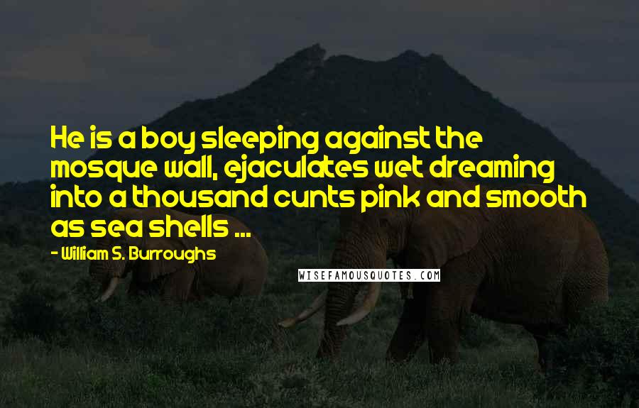 William S. Burroughs Quotes: He is a boy sleeping against the mosque wall, ejaculates wet dreaming into a thousand cunts pink and smooth as sea shells ...