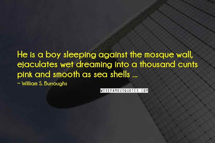 William S. Burroughs Quotes: He is a boy sleeping against the mosque wall, ejaculates wet dreaming into a thousand cunts pink and smooth as sea shells ...