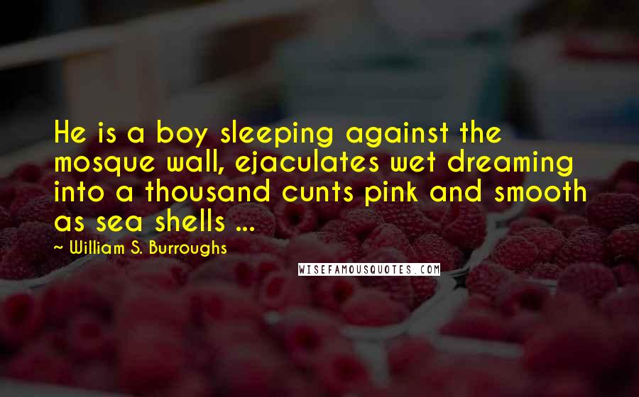 William S. Burroughs Quotes: He is a boy sleeping against the mosque wall, ejaculates wet dreaming into a thousand cunts pink and smooth as sea shells ...