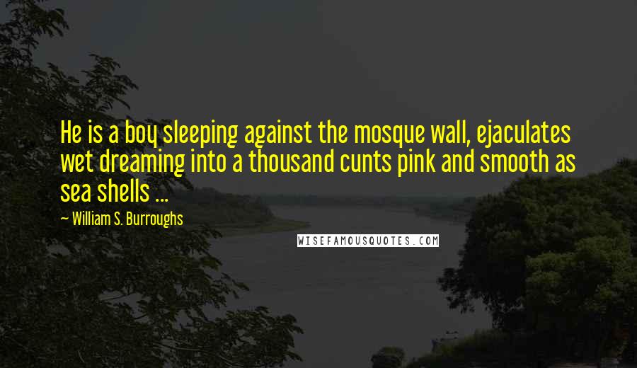 William S. Burroughs Quotes: He is a boy sleeping against the mosque wall, ejaculates wet dreaming into a thousand cunts pink and smooth as sea shells ...