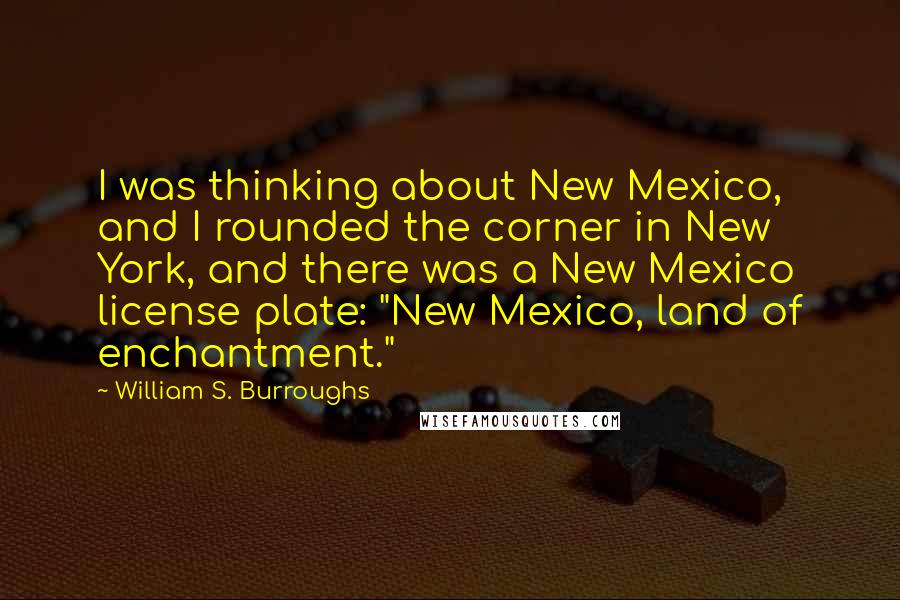William S. Burroughs Quotes: I was thinking about New Mexico, and I rounded the corner in New York, and there was a New Mexico license plate: "New Mexico, land of enchantment."