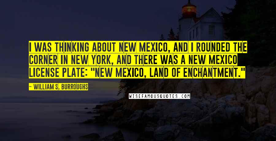 William S. Burroughs Quotes: I was thinking about New Mexico, and I rounded the corner in New York, and there was a New Mexico license plate: "New Mexico, land of enchantment."