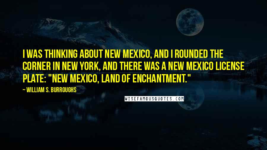 William S. Burroughs Quotes: I was thinking about New Mexico, and I rounded the corner in New York, and there was a New Mexico license plate: "New Mexico, land of enchantment."
