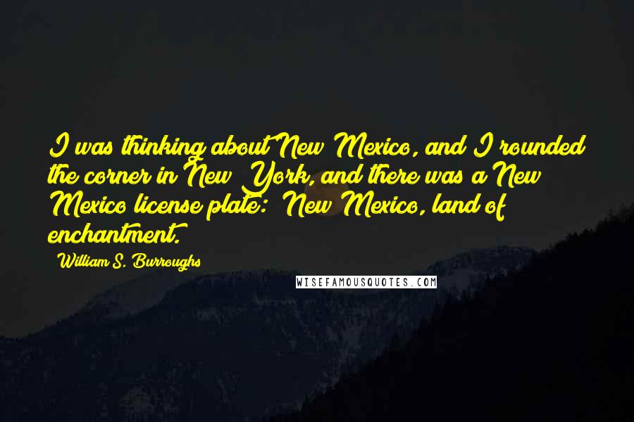 William S. Burroughs Quotes: I was thinking about New Mexico, and I rounded the corner in New York, and there was a New Mexico license plate: "New Mexico, land of enchantment."