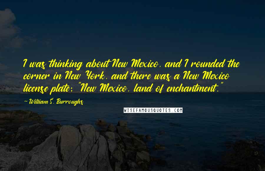 William S. Burroughs Quotes: I was thinking about New Mexico, and I rounded the corner in New York, and there was a New Mexico license plate: "New Mexico, land of enchantment."