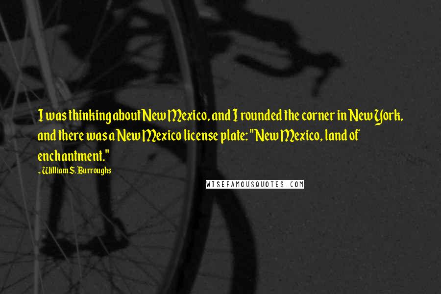 William S. Burroughs Quotes: I was thinking about New Mexico, and I rounded the corner in New York, and there was a New Mexico license plate: "New Mexico, land of enchantment."