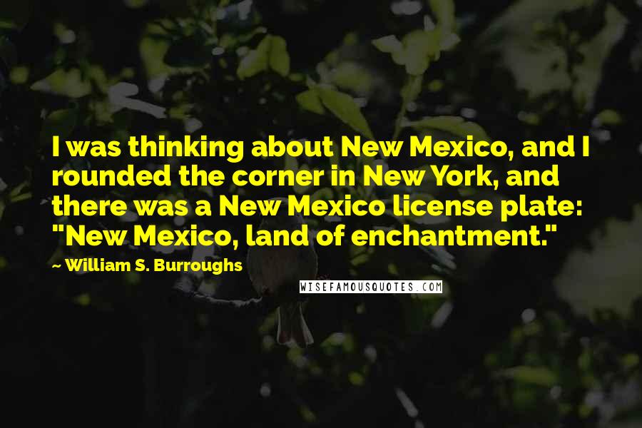 William S. Burroughs Quotes: I was thinking about New Mexico, and I rounded the corner in New York, and there was a New Mexico license plate: "New Mexico, land of enchantment."