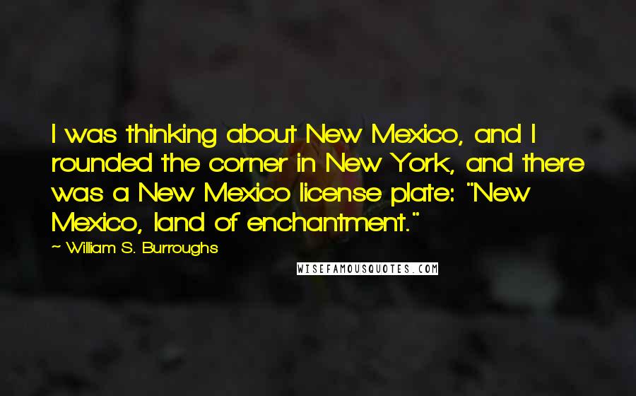 William S. Burroughs Quotes: I was thinking about New Mexico, and I rounded the corner in New York, and there was a New Mexico license plate: "New Mexico, land of enchantment."
