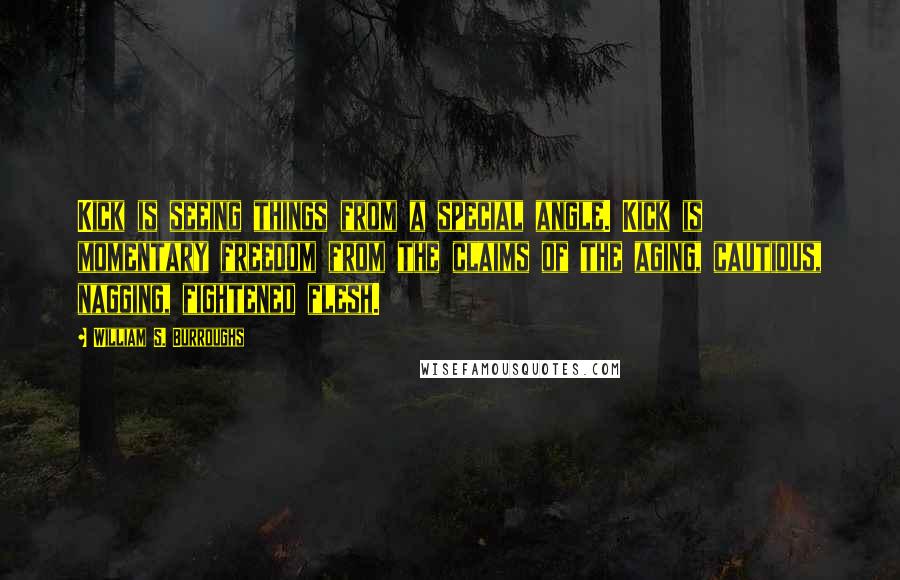 William S. Burroughs Quotes: Kick is seeing things from a special angle. Kick is momentary freedom from the claims of the aging, cautious, nagging, fightened flesh.