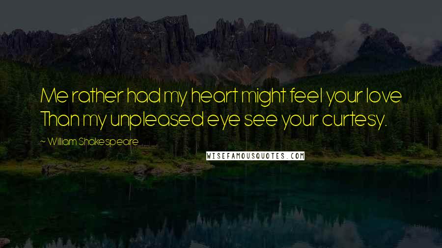 William Shakespeare Quotes: Me rather had my heart might feel your love Than my unpleased eye see your curtesy.