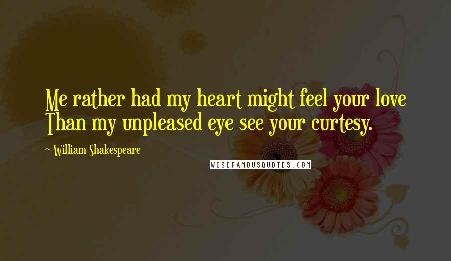 William Shakespeare Quotes: Me rather had my heart might feel your love Than my unpleased eye see your curtesy.