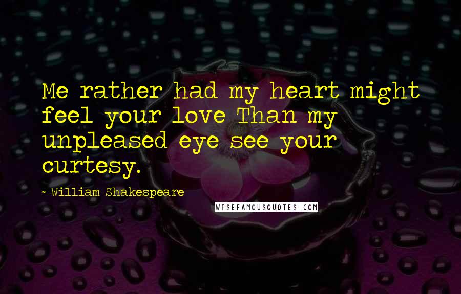 William Shakespeare Quotes: Me rather had my heart might feel your love Than my unpleased eye see your curtesy.