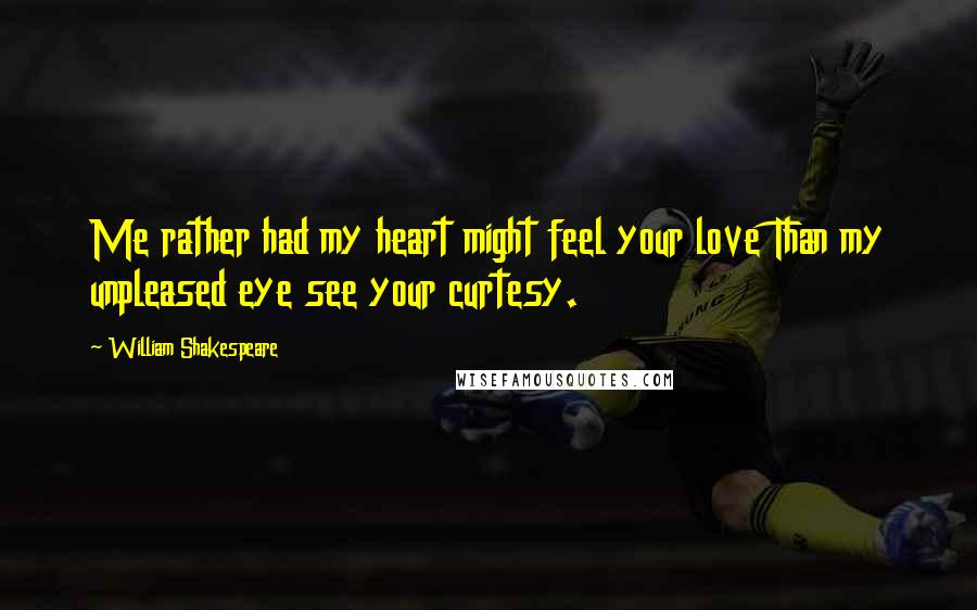 William Shakespeare Quotes: Me rather had my heart might feel your love Than my unpleased eye see your curtesy.