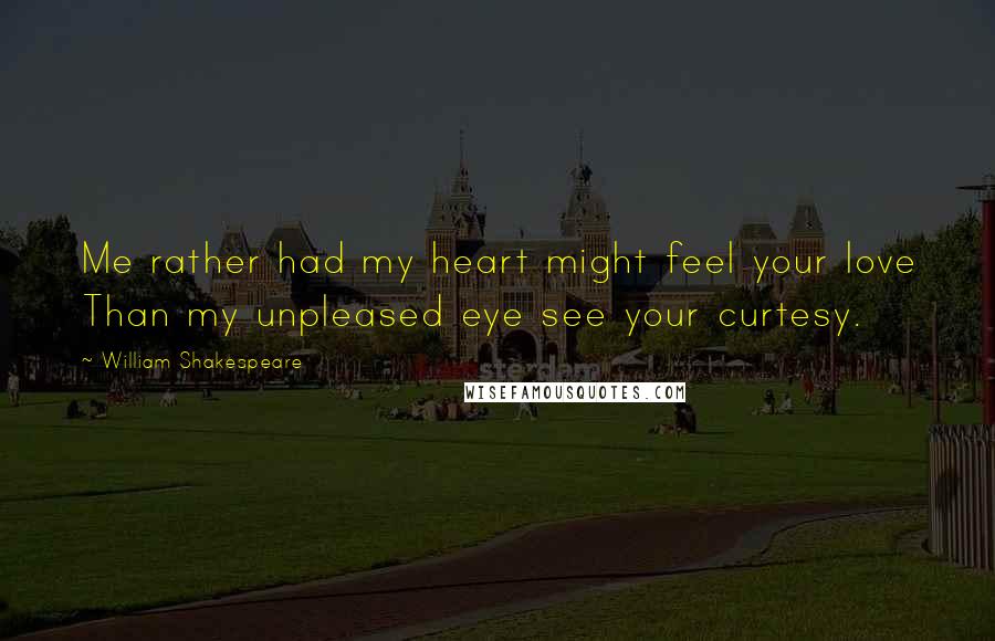 William Shakespeare Quotes: Me rather had my heart might feel your love Than my unpleased eye see your curtesy.