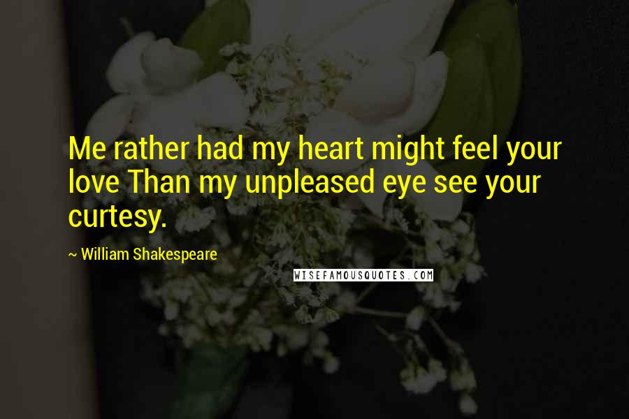 William Shakespeare Quotes: Me rather had my heart might feel your love Than my unpleased eye see your curtesy.