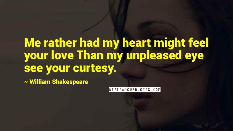 William Shakespeare Quotes: Me rather had my heart might feel your love Than my unpleased eye see your curtesy.