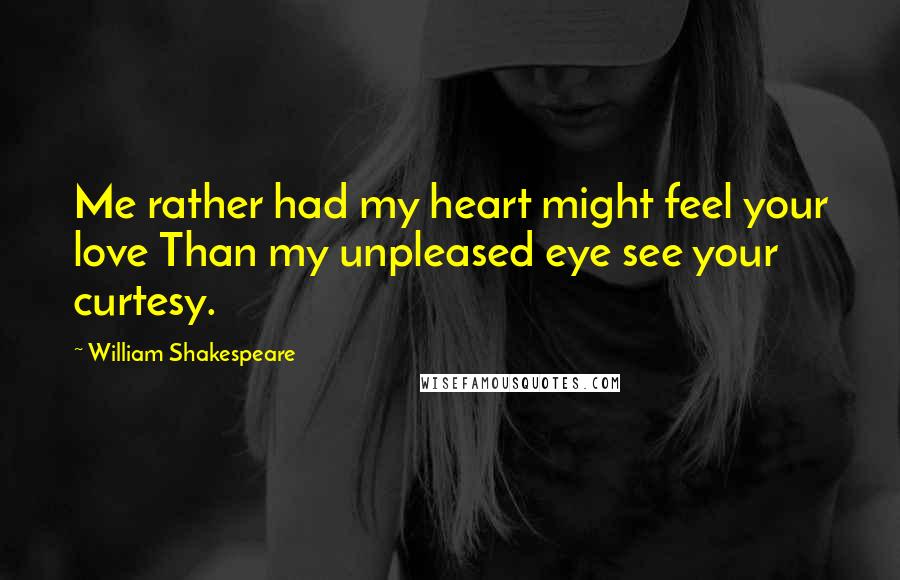 William Shakespeare Quotes: Me rather had my heart might feel your love Than my unpleased eye see your curtesy.