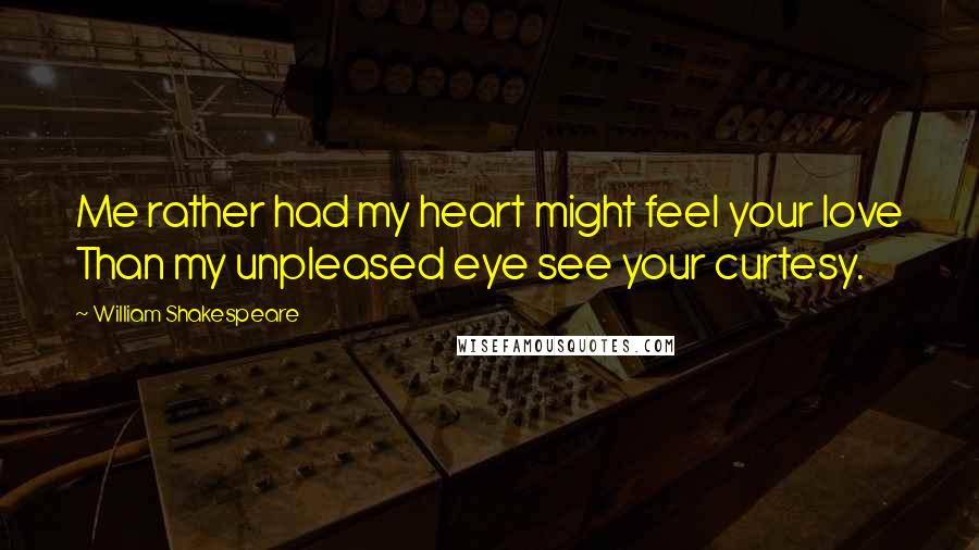 William Shakespeare Quotes: Me rather had my heart might feel your love Than my unpleased eye see your curtesy.