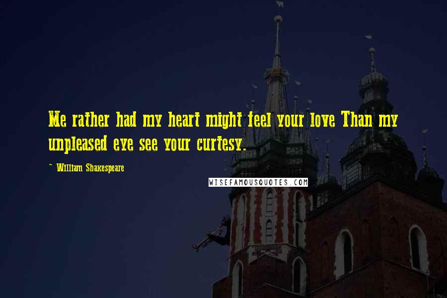 William Shakespeare Quotes: Me rather had my heart might feel your love Than my unpleased eye see your curtesy.