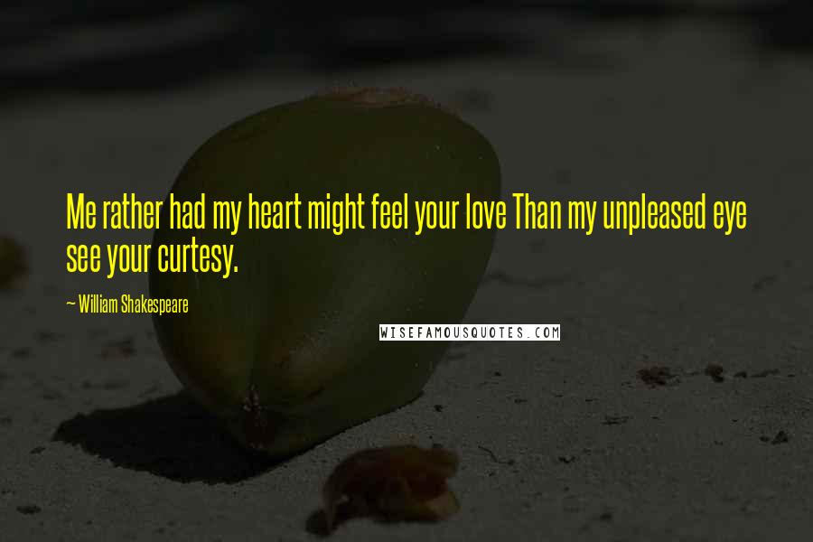 William Shakespeare Quotes: Me rather had my heart might feel your love Than my unpleased eye see your curtesy.