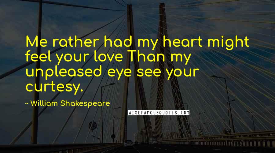 William Shakespeare Quotes: Me rather had my heart might feel your love Than my unpleased eye see your curtesy.