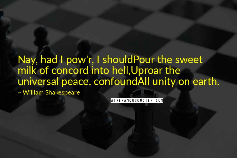 William Shakespeare Quotes: Nay, had I pow'r, I shouldPour the sweet milk of concord into hell,Uproar the universal peace, confoundAll unity on earth.