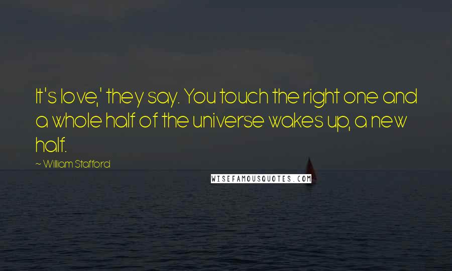 William Stafford Quotes: It's love,' they say. You touch the right one and a whole half of the universe wakes up, a new half.