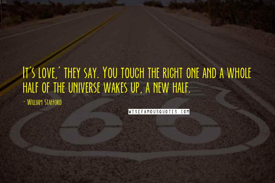 William Stafford Quotes: It's love,' they say. You touch the right one and a whole half of the universe wakes up, a new half.