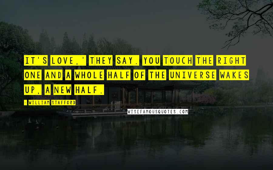 William Stafford Quotes: It's love,' they say. You touch the right one and a whole half of the universe wakes up, a new half.