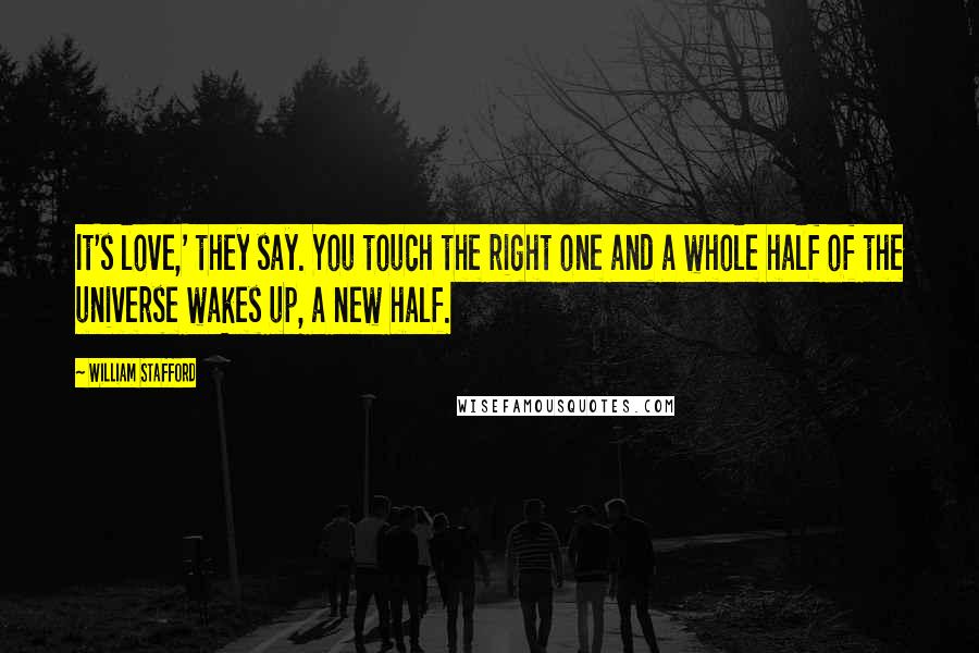 William Stafford Quotes: It's love,' they say. You touch the right one and a whole half of the universe wakes up, a new half.