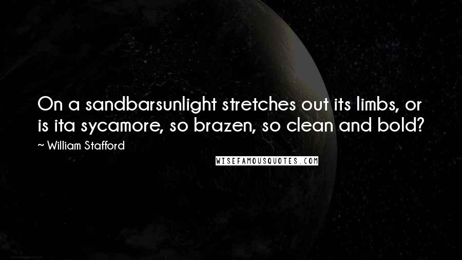William Stafford Quotes: On a sandbarsunlight stretches out its limbs, or is ita sycamore, so brazen, so clean and bold?