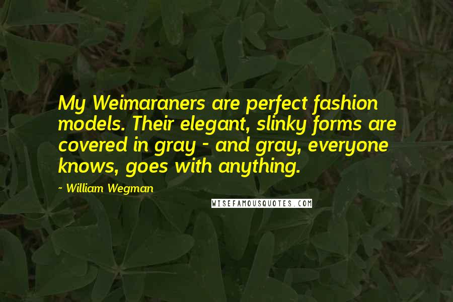William Wegman Quotes: My Weimaraners are perfect fashion models. Their elegant, slinky forms are covered in gray - and gray, everyone knows, goes with anything.