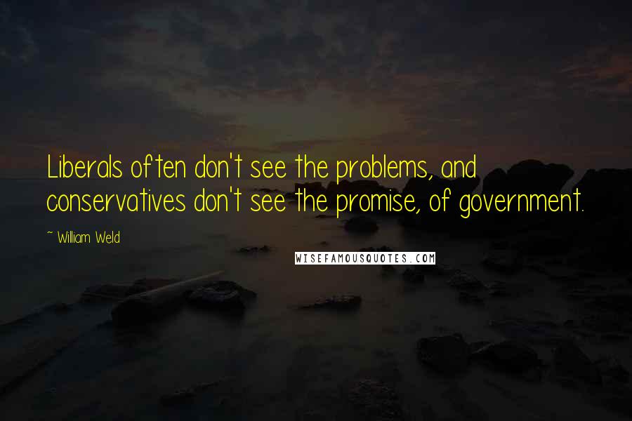 William Weld Quotes: Liberals often don't see the problems, and conservatives don't see the promise, of government.