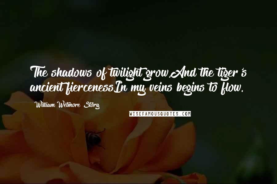 William Wetmore Story Quotes: The shadows of twilight grow,And the tiger's ancient fiercenessIn my veins begins to flow.