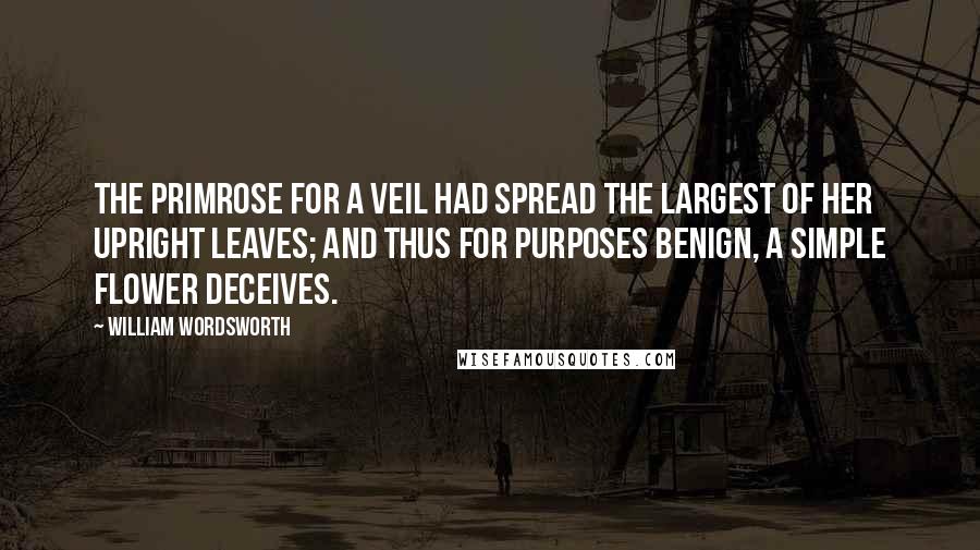 William Wordsworth Quotes: The Primrose for a veil had spread The largest of her upright leaves; And thus for purposes benign, A simple flower deceives.