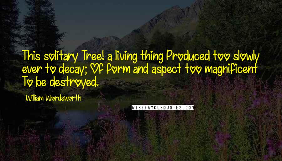 William Wordsworth Quotes: This solitary Tree! a living thing Produced too slowly ever to decay; Of form and aspect too magnificent To be destroyed.