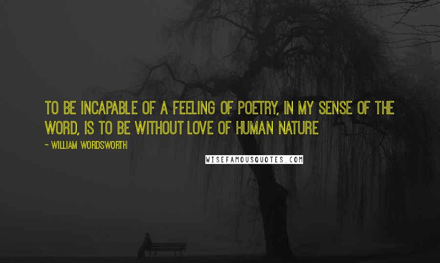 William Wordsworth Quotes: to be incapable of a feeling of poetry, in my sense of the word, is to be without love of human nature