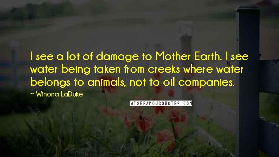 Winona LaDuke Quotes: I see a lot of damage to Mother Earth. I see water being taken from creeks where water belongs to animals, not to oil companies.