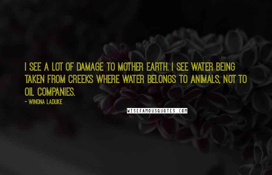 Winona LaDuke Quotes: I see a lot of damage to Mother Earth. I see water being taken from creeks where water belongs to animals, not to oil companies.