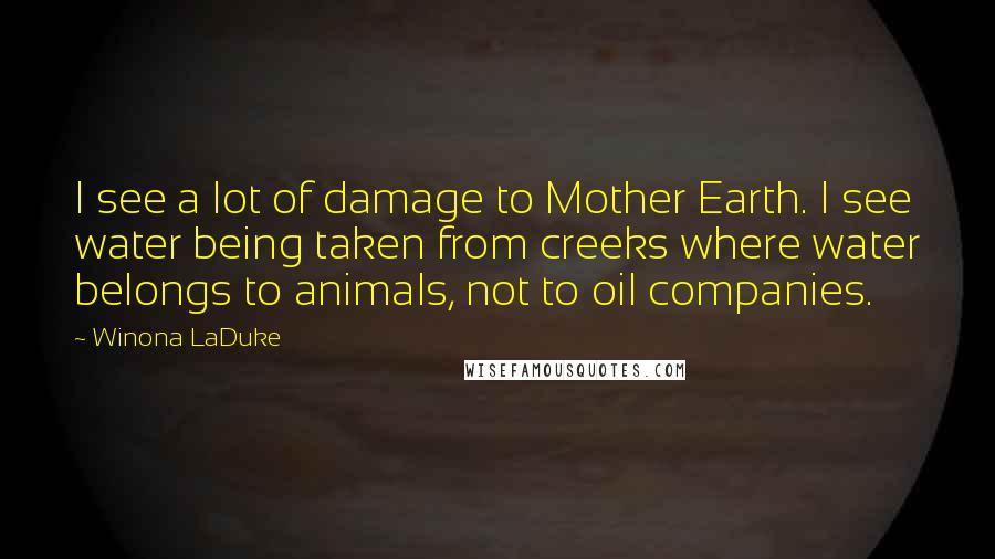 Winona LaDuke Quotes: I see a lot of damage to Mother Earth. I see water being taken from creeks where water belongs to animals, not to oil companies.