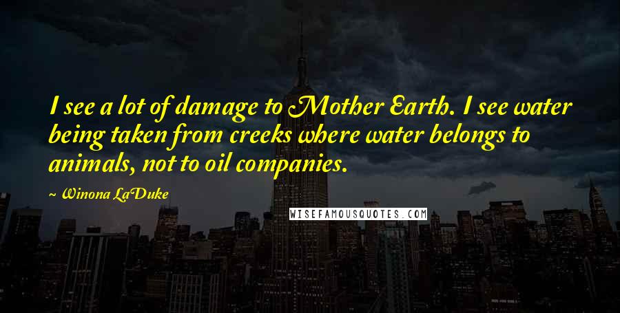 Winona LaDuke Quotes: I see a lot of damage to Mother Earth. I see water being taken from creeks where water belongs to animals, not to oil companies.